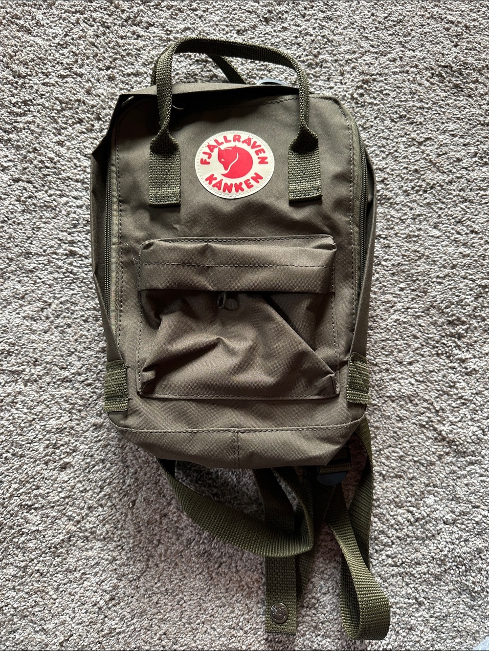 Fjallraven Olive Green Mini Kanken with Red Logo Patch